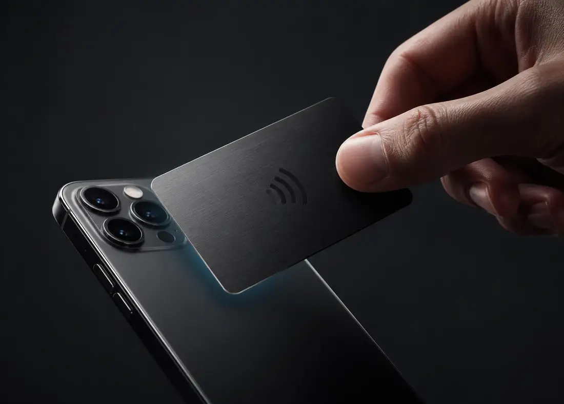 A phone opening a Lynq Tap profile after tapping a card